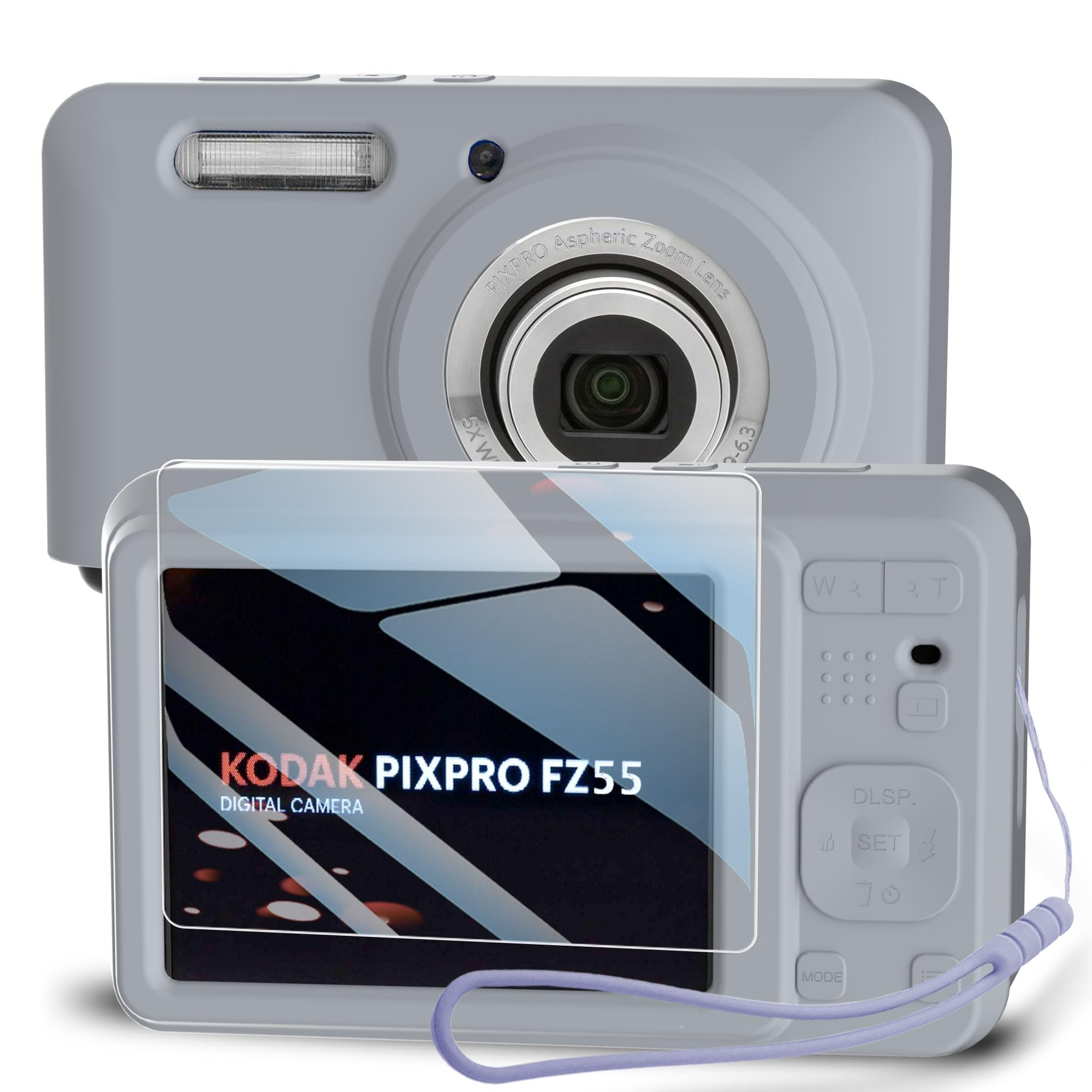 Silicone Case for Kodak PIXPRO FZ55 Digital Camera with Screen Protector and Lanyard for Kodak PIXPRO FZ55 accessories -(Grey)