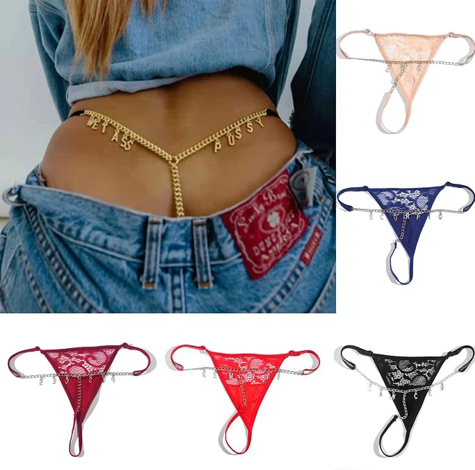 Custom Sexy Lace Waist Chain Thong for Women Personalized Name Letter Jewelry G-string Silver Chain Panties Gift for Her