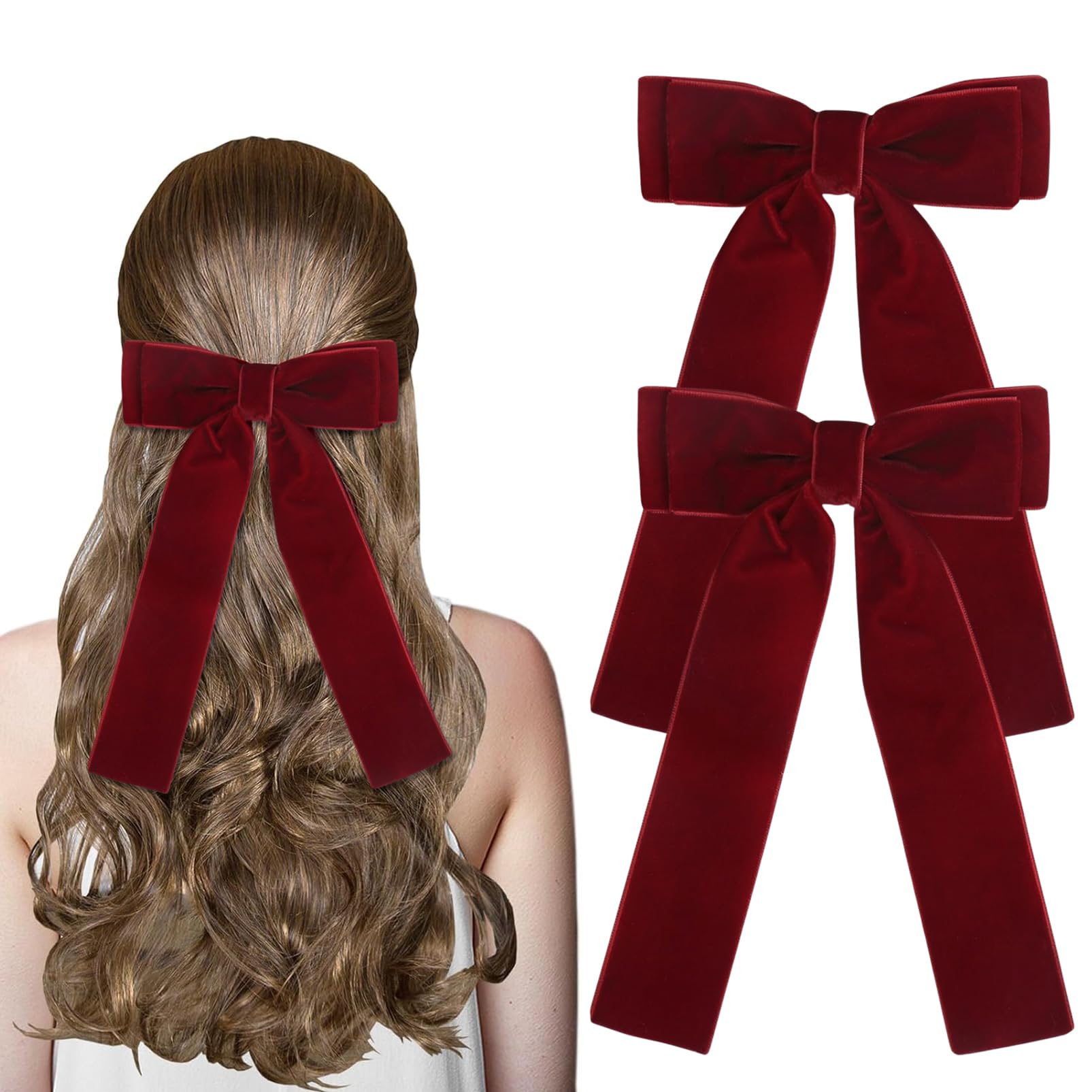 DMQ Velvet Bow Hair Clips - 2Pcs Wine Red Bowknot Barrettes with Long Ribbon, French Satin Silky Hair Bows Xmas Gifts for Women & Girls