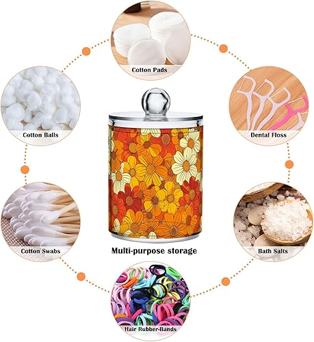 Miniatura 3 de CHIFIGNO Juego de 2 tarros de plástico transparente de flores hippie retro naranjas, recipientes de baño para boticario de plástico transparente