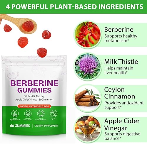 Miniatura 6 de Gomitas de berberina con canela de Ceilán, suplemento sin azúcar para adultos, apoya el sistema inmunológico y la salud general, promueve el