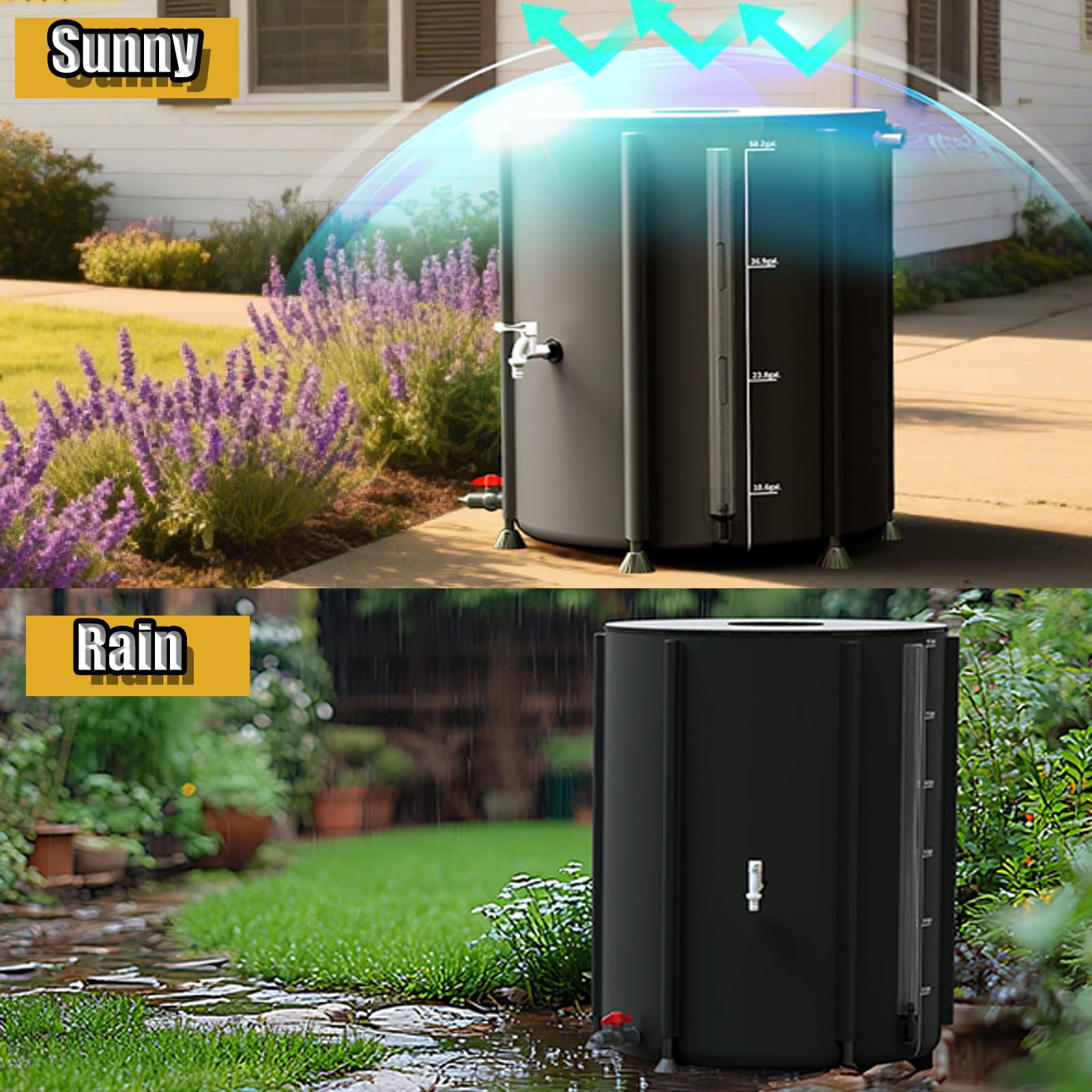 50-litrowy przenośny zbiornik na deszczówkę, składany, beczka do przechowywania wody, zewnętrzny system zbierania wody deszczowej, czarny zbiornik na deszczówkę