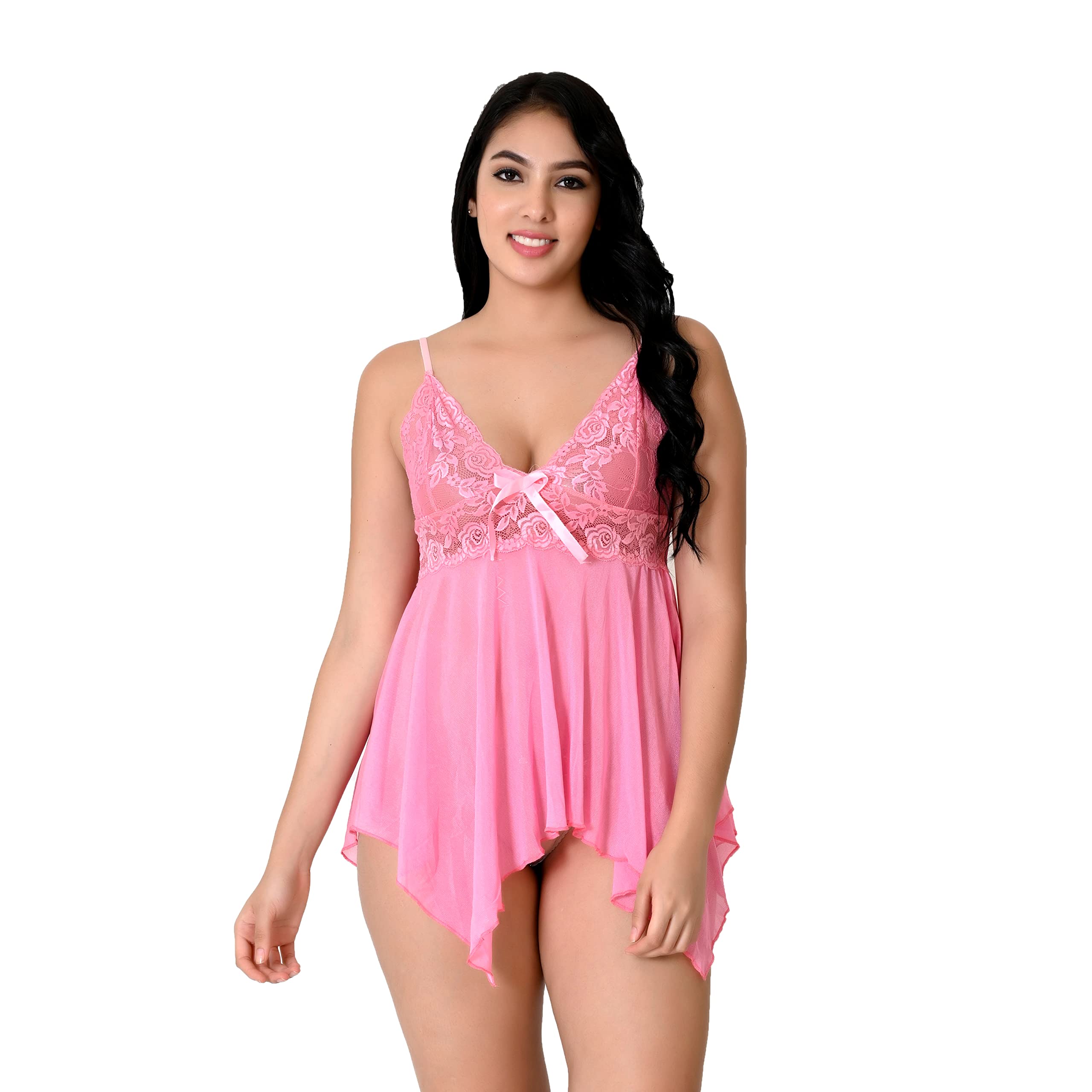 Women Solid Net Lace Babydoll V-Neck Wedding Nighty Above Knee Lingerie S-3XL-picture-34