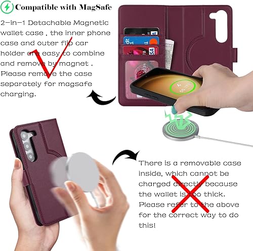 Miniatura 3 de Havaya Magsafe Funda compatible con Galaxy S23 Plus con tarjetero y tarjetero desmontable con tapa magnética para hombres y mujeres, color rojo vino