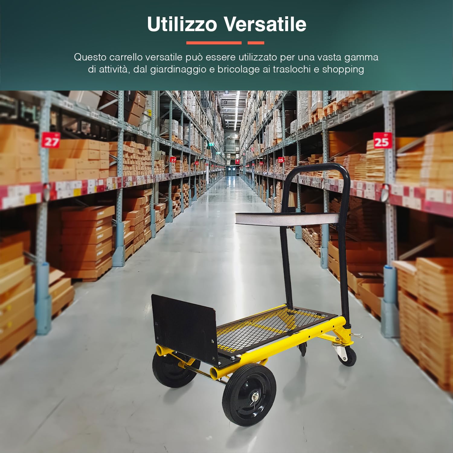 Carrello Porta Carichi Pesanti Pieghevole - Carrello Multifunzione in Acciaio con 4 Ruote in Gomma, Capacità 45kg, 99x38x31 cm, Ideale per Carichi Pesanti