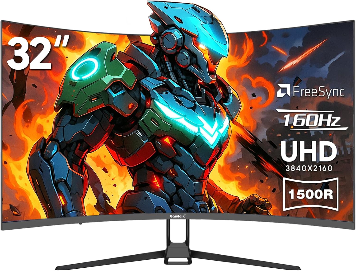 Gawfolk 32" inch Gaming Monitor 4K 160Hz Curved 1500R Computer Display Screen UHD(3840x2160) Fast 1ms(GTG) 320cd/m簡 120% sRGB RGB Backlight FreeSync For eSports gamers Built-in Speakers