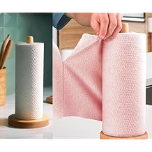 KitchLife Wooden Paper Towel Holder Stand with Base + Microfiber Cleaning Cloth Roll Pink