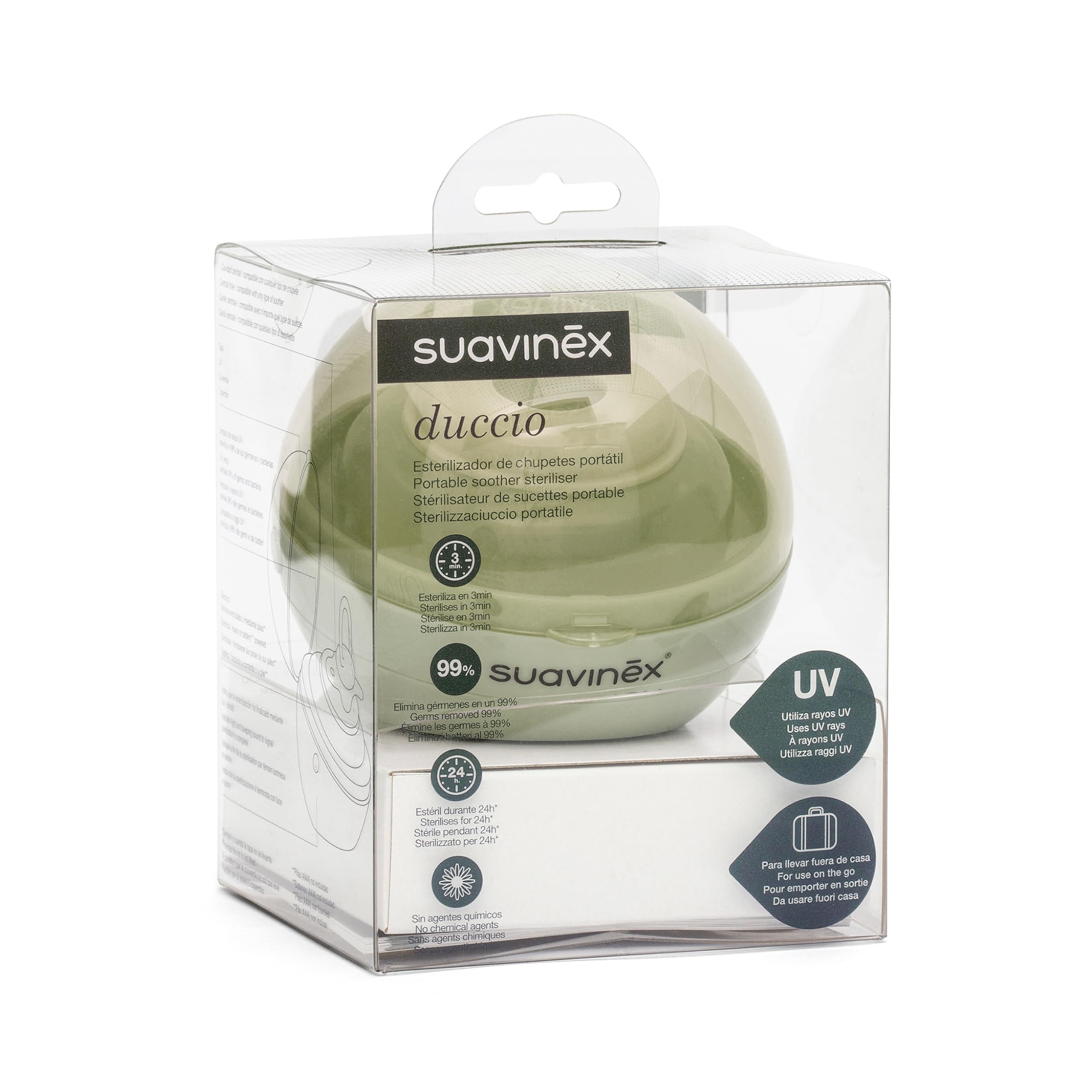 Suavinex sterilizzatore portatile per ciucci con luce UV, elimina il 99% dei germi in 3 minuti, funziona con batterie o USB,senza agenti chimici, ottimo per viaggiare, Duccio Verde - 3