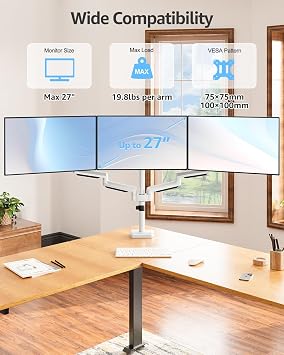 MOUNTUP Triple Monitor Stand Mount - 3 Monitors Desk Mount for Computer Screens Up to 27 inch, Triple Monitor Arm, Heavy Duty Monitors Stand, Each Arm Holds 4.4-19.8 lbs, White
