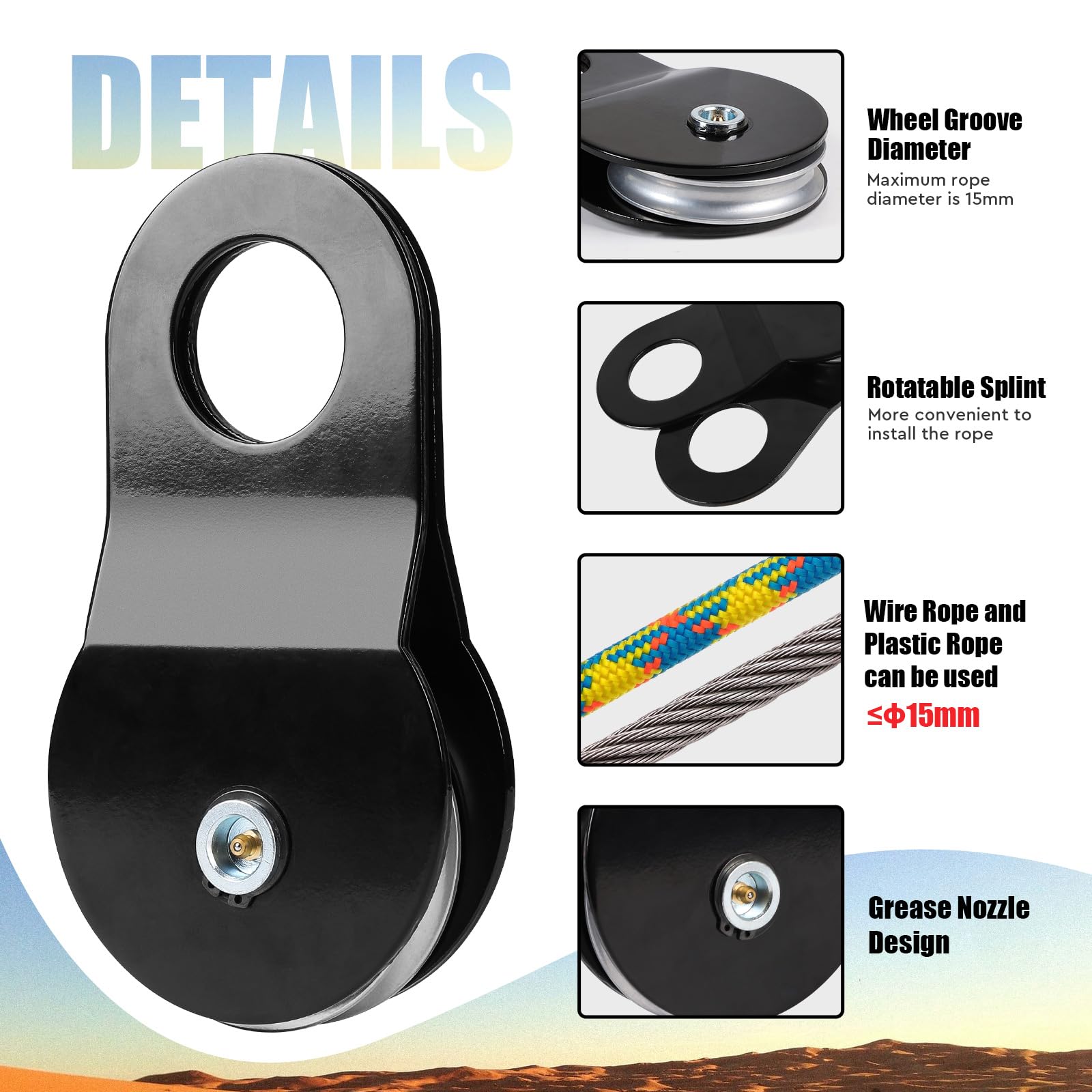 SWAWIS Noire Poulie de Renvoil pour Treuil en Acier, Diamètre de Rainure de Roue 15mm, Capacité de Charge 10t, pour Opérations de Sauvetage Hors Route et l'Exploitation Forestière