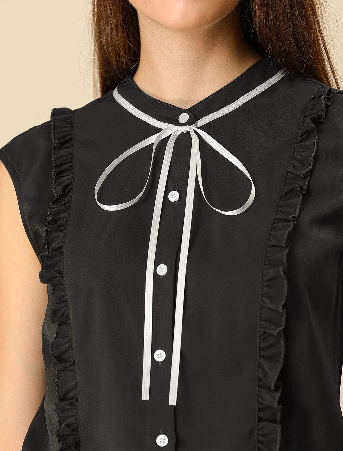 Allegra K Women's Cute Tie Neck 2023 Summer Ruffle Solid Color Sleeveless Button Down Shirt - Image 6