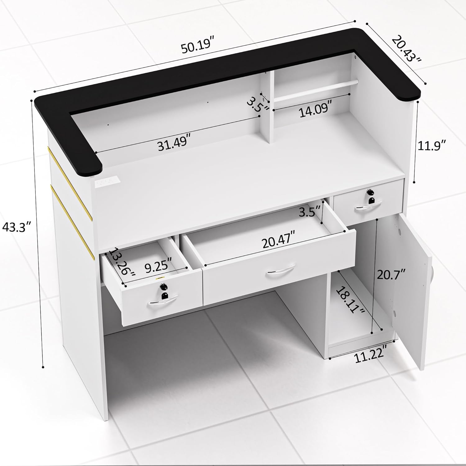 AHB Reception Desk with Counter, Modern Front Table Equipped Lockers & Storage Shelves, 50-inch Checkout Counter with LED Lights & DIY Stripe for Lobbies, Salons, Retail, Home Offices, Reception Room