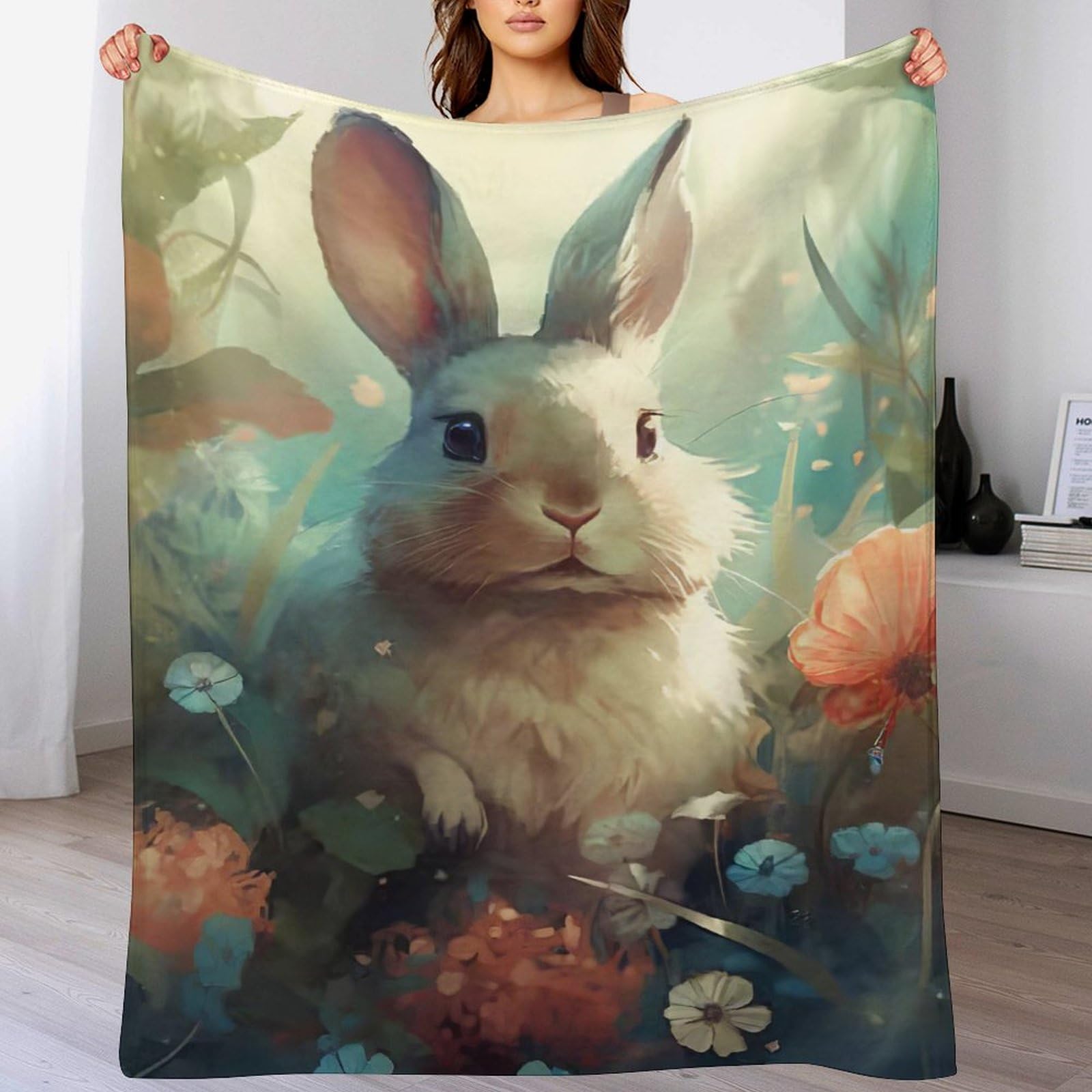 Couverture légère lapin 3D en flannel isolante et thermo-régulatrice