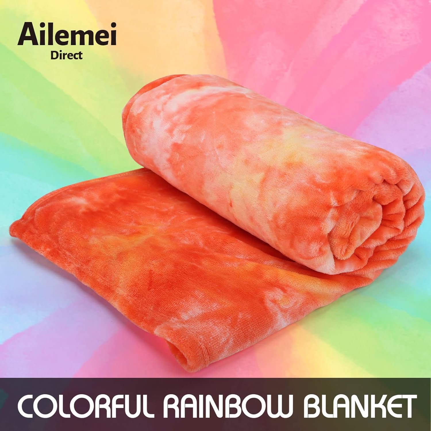 Ailemei Direct Rainbow Tie-Dye Colorful Fuzzy Fleece Blanket - Queen to King Size, Warm & Stylish for Adults, Kids - Orange