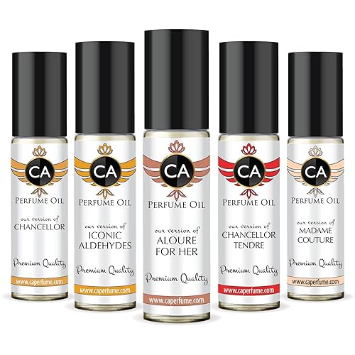 CA Perfume Juego de aceites de perfume de diseñador para mujer (canciller, aldehídos icónicos, Aloura para ella, Chancellor Tendre, Madame Couture)