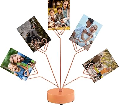 Desktop Heart-Shaped Photo Tree Style Holders Round Base,5-Branch Family Picture Frame Clips Holder Desk Card Display Stand for Christmas,Wedding, Birthday Party,Gift Rose Gold