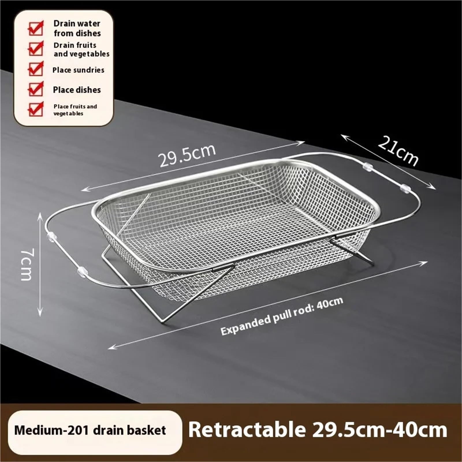 Escurridor de Platos Cesta de Drenaje especializada Acero Inoxidable, Fregadero Cocina, Lavabo retráctil for Lavado Verduras, escurridor vajilla(Large-Basket)