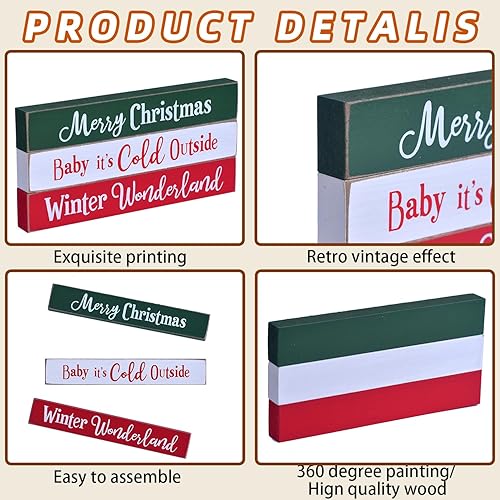 Miniatura 4 de Bloques rústicos de madera para letreros de Navidad, 3 piezas de decoración de granja para interiores, decoración de bandeja escalonada, centro de