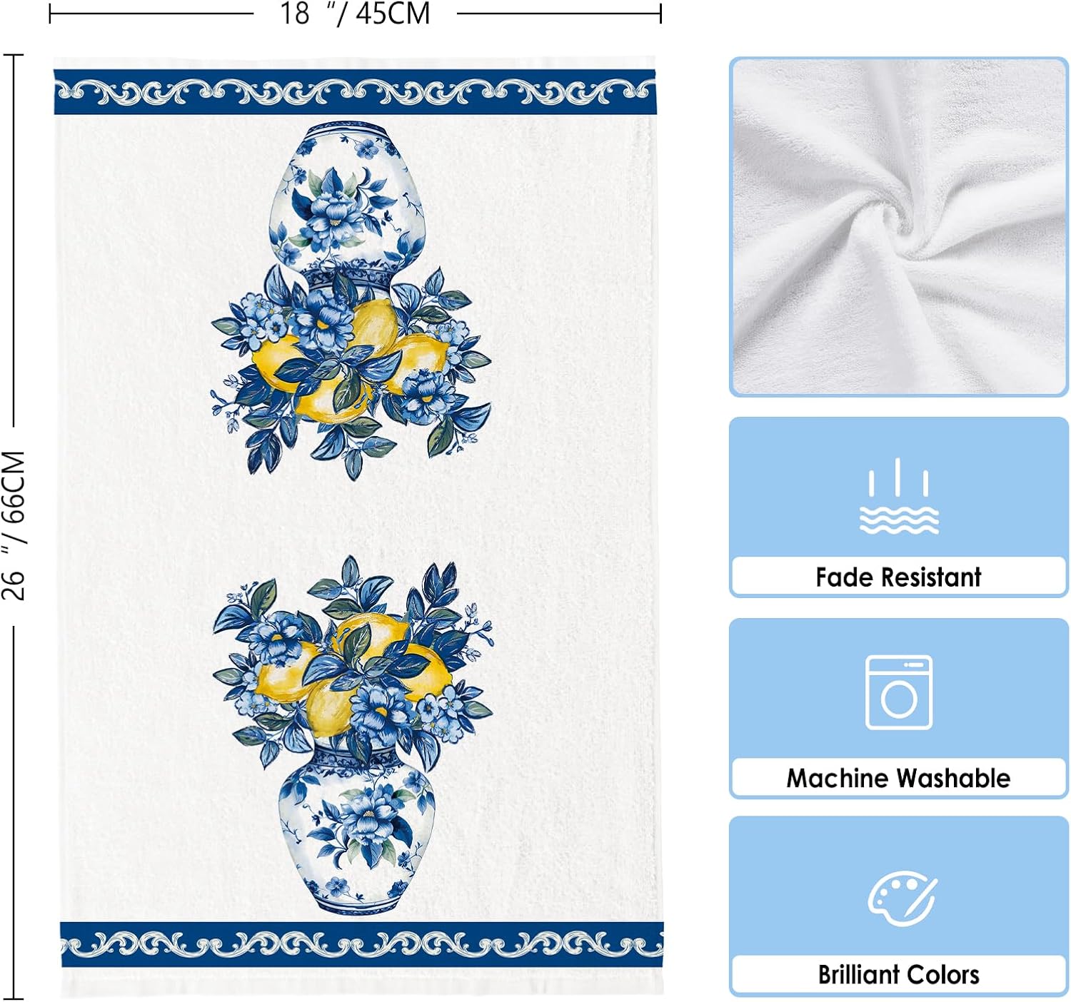 Summer Lemon Floral Kitchen Towels, Spring Porcelain Dish Towels Set of 2, Spring Blue and White Chinoiserie 18 x 26 Inch Hand Towel Quick Drying Dishcloth Decor for Kitchen Bathroom Home