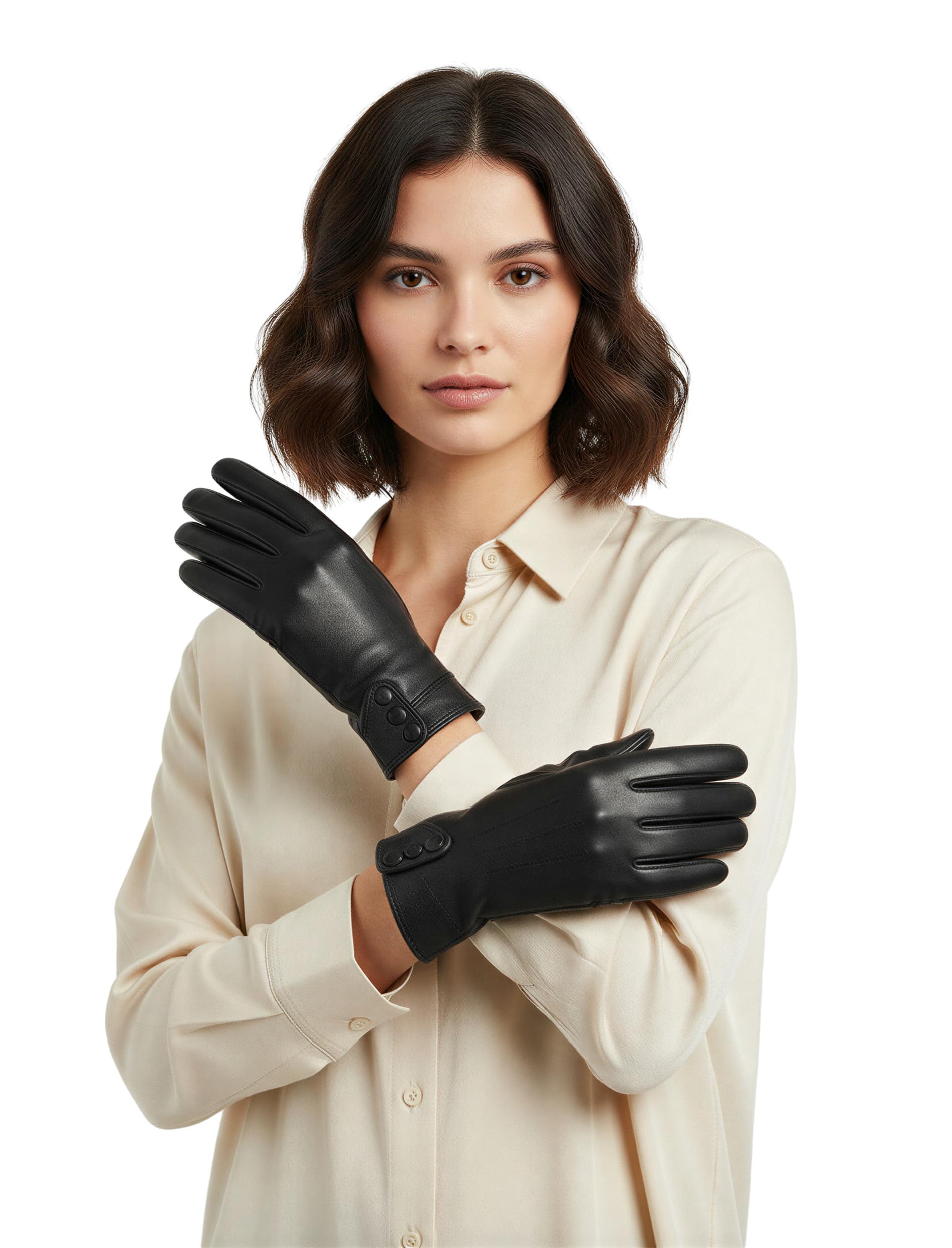 Vivisence Women Winter Leather Gloves Wool Lined With Buttons Cozy Warmth, Black,M