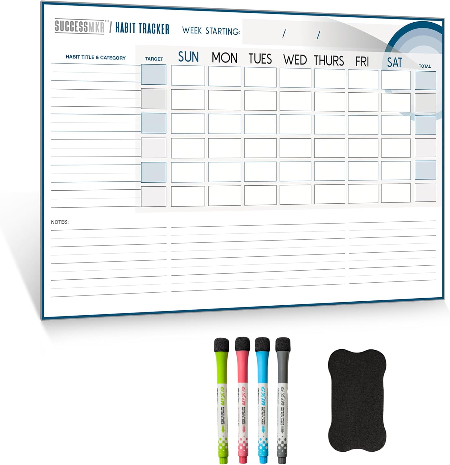Habit Tracker Whiteboard for Refrigerator, Dry Erase Markers, Magnetic Attachment, Track Daily Habits and Weekly Progress Toward Goals.