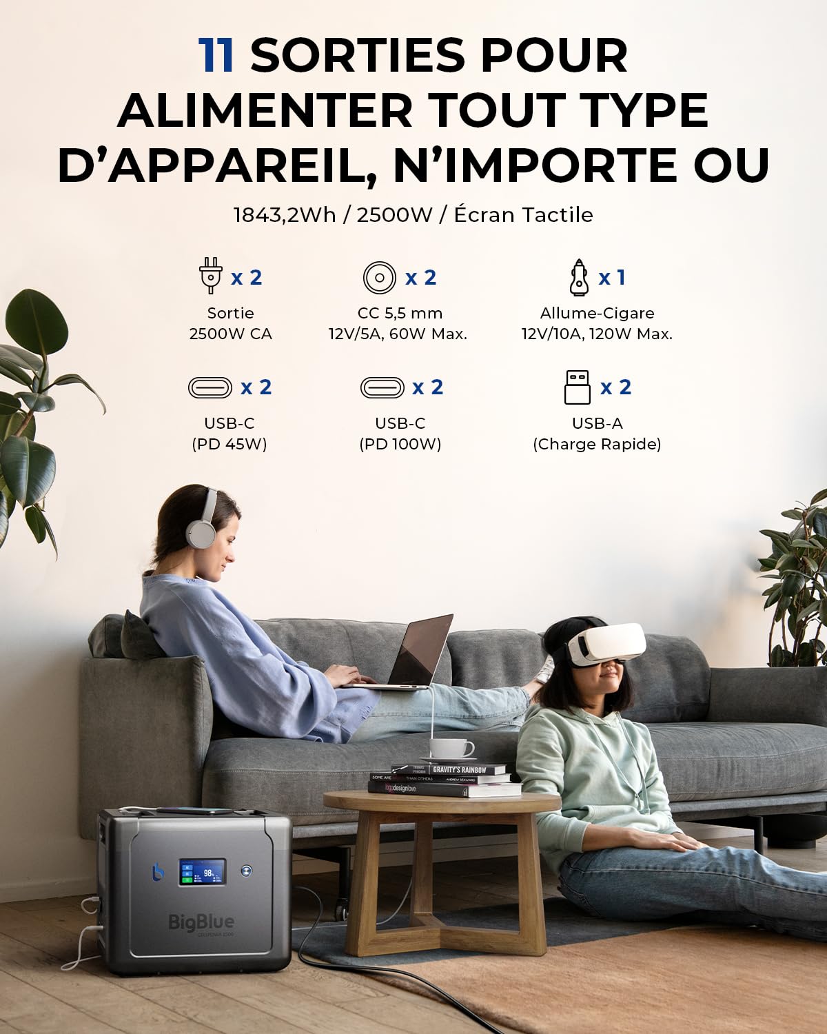【10ms ASI】 BigBlue 2500W Générateur Électrique Portable LiFePO4 1843Wh