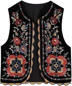 Women's Embroidered Floral Vest Y2K Open Front Sleeveless