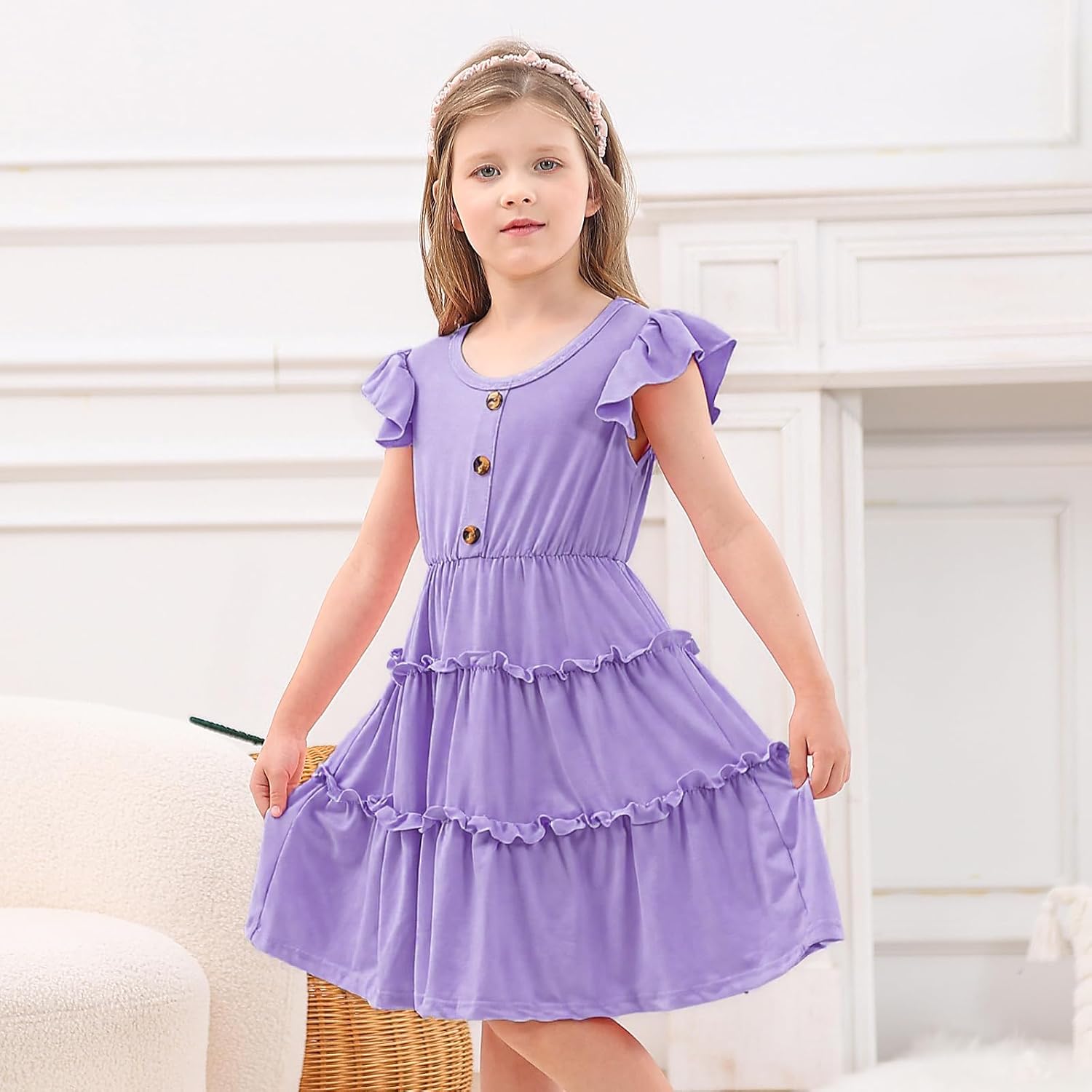 Little Girls Summer Dress Ruffle Sleeve Casual Party A-Line Button Round Neck Smocked Midi Sundress 4-8 Years