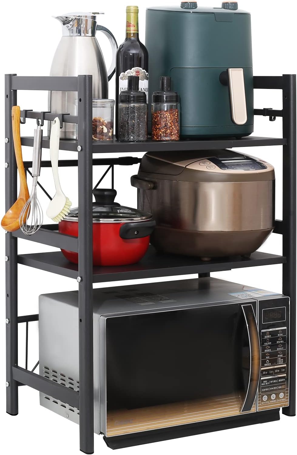DAYONG Extendable Microwave Oven Rack,Expandable Horizontal Extension Microwave Shelf Toaster Oven Stand Rice Cooker Stand Kitchen Counter Top Organizer 3-tier with 6 Hooks