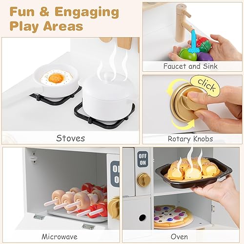 Miniatura 4 de Costzon Juego de cocina para niños, cocina con estufas, grifo, fregadero, microondas, gabinete, horno y accesorios de cocina, cocina de madera para