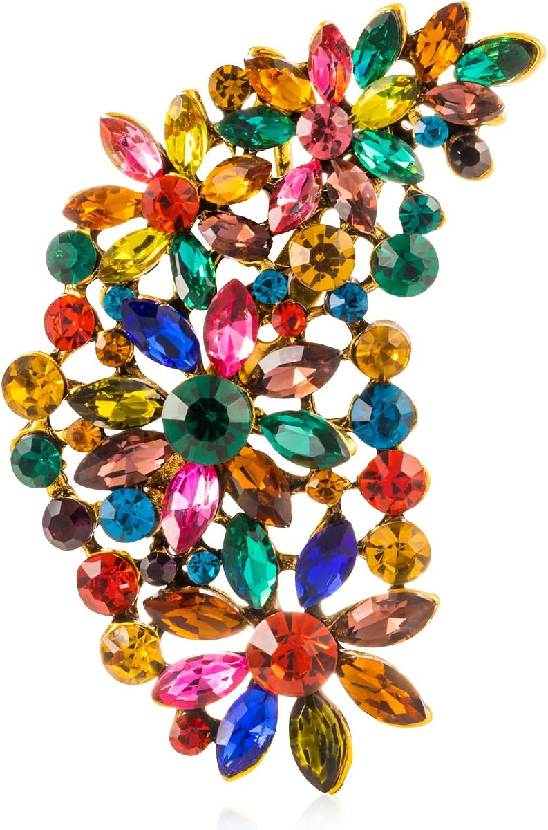 LAXPICOL Vintage Austrian Crystal Flower Leaf Bouquet Clusters Large Big Brooch Pin for Women Gold Tone