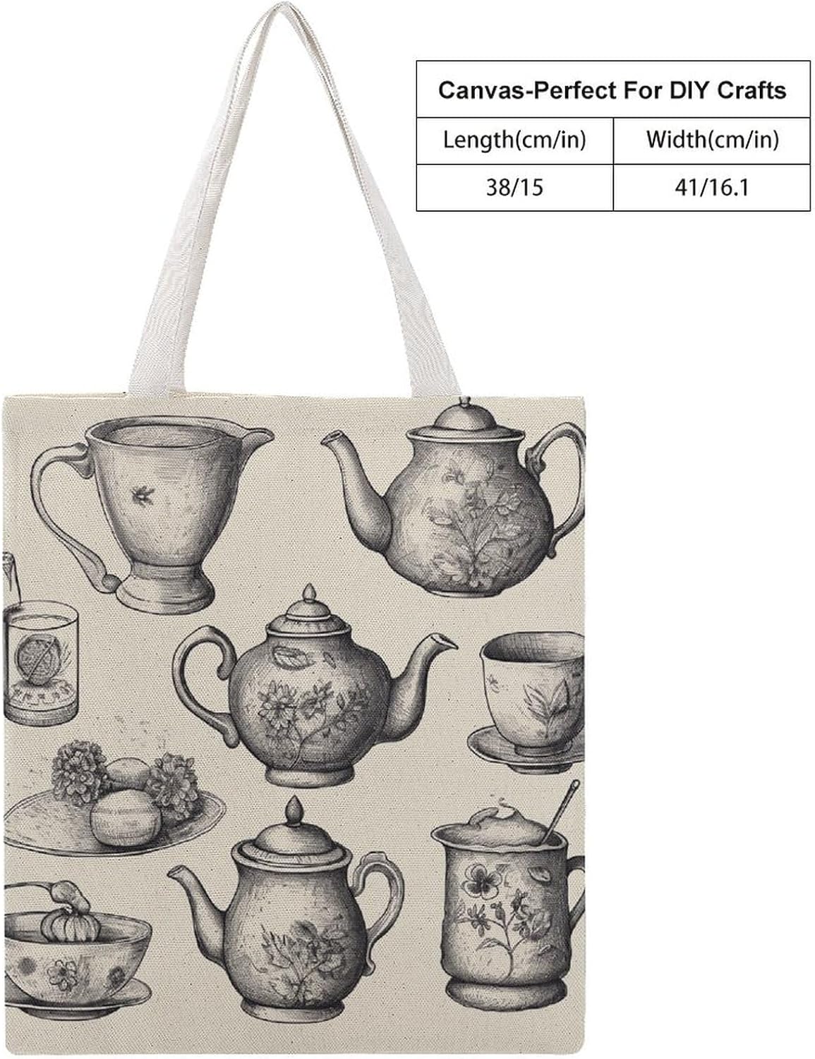 Hand Drawn Teapots And Cups Canvas Tote Bag Reusable Grocery Bags Foldable Soft Cotton Shoulder Carry Bag