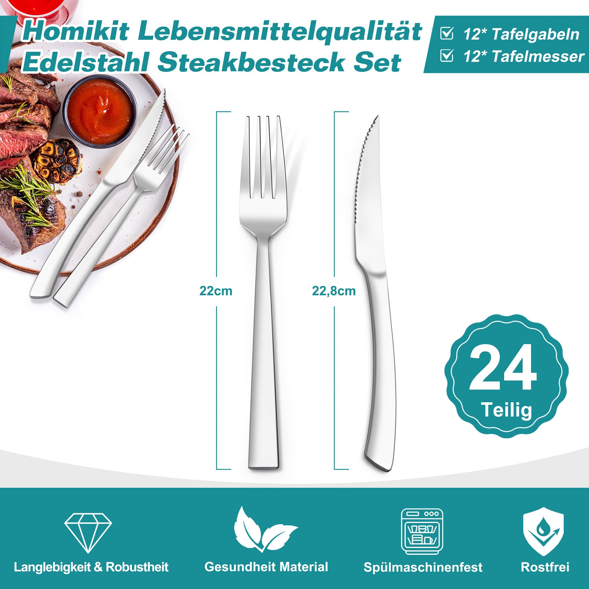 Homikit Lot de 24 couverts à steak en acier inoxydable - Couteaux et fourchettes à steak - Couverts pour 12 personnes - Couteaux de table argentés