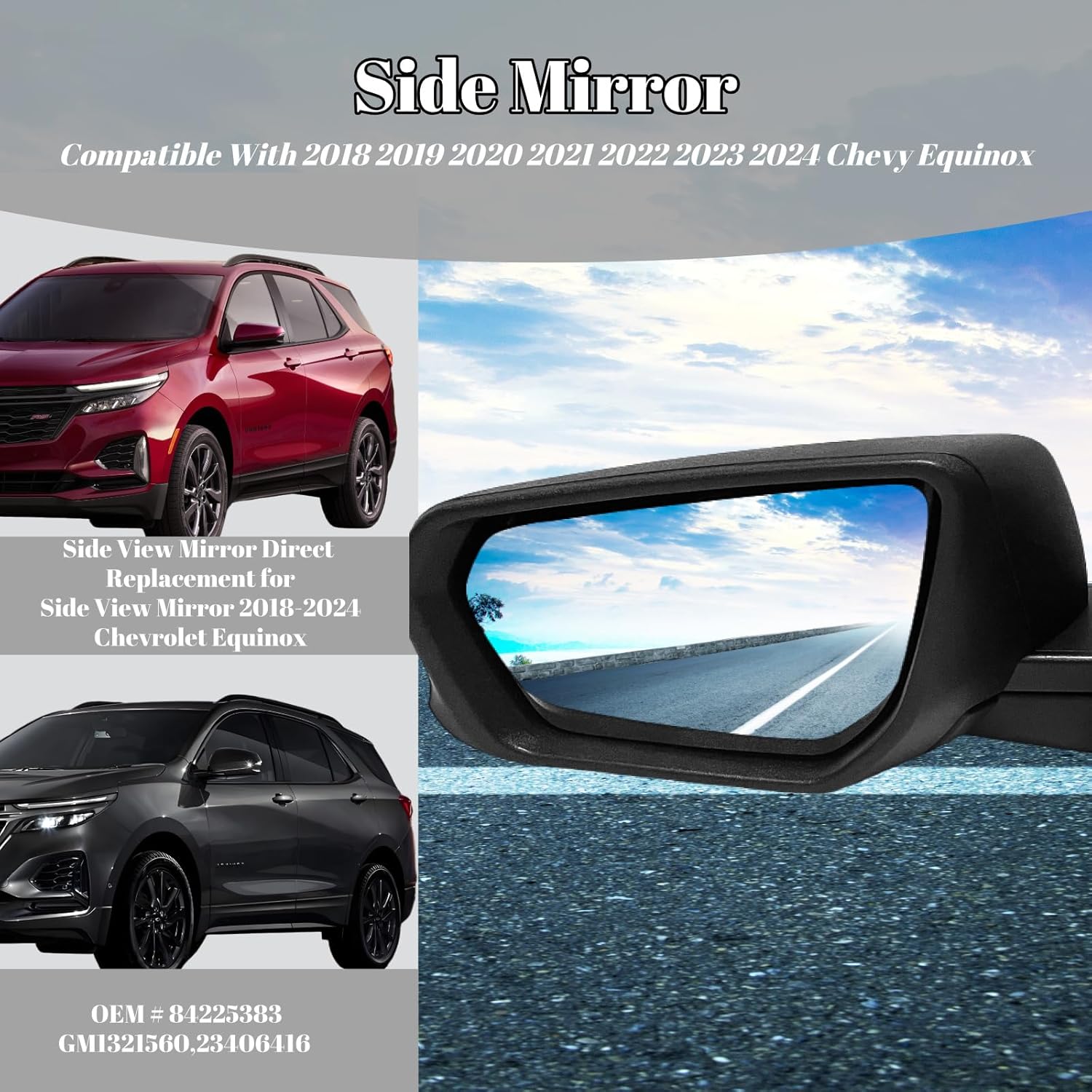 Left Driver Side Mirror Compatible With 2018-2023 Chevy Equinox With Heated Power Glass Manual Folding 5 Pins Textured Black #GM1320559