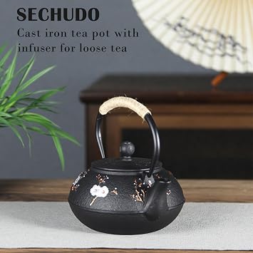 Cast Iron Teapot SECHUDO Teapot for Stovetop Safe Coated with Enameled Interior,Japanese Beautiful Tea Kettle with Stainless Steel Infuser for Loose Tea (30.4oz Plum Blossoms and Bird Pattern)