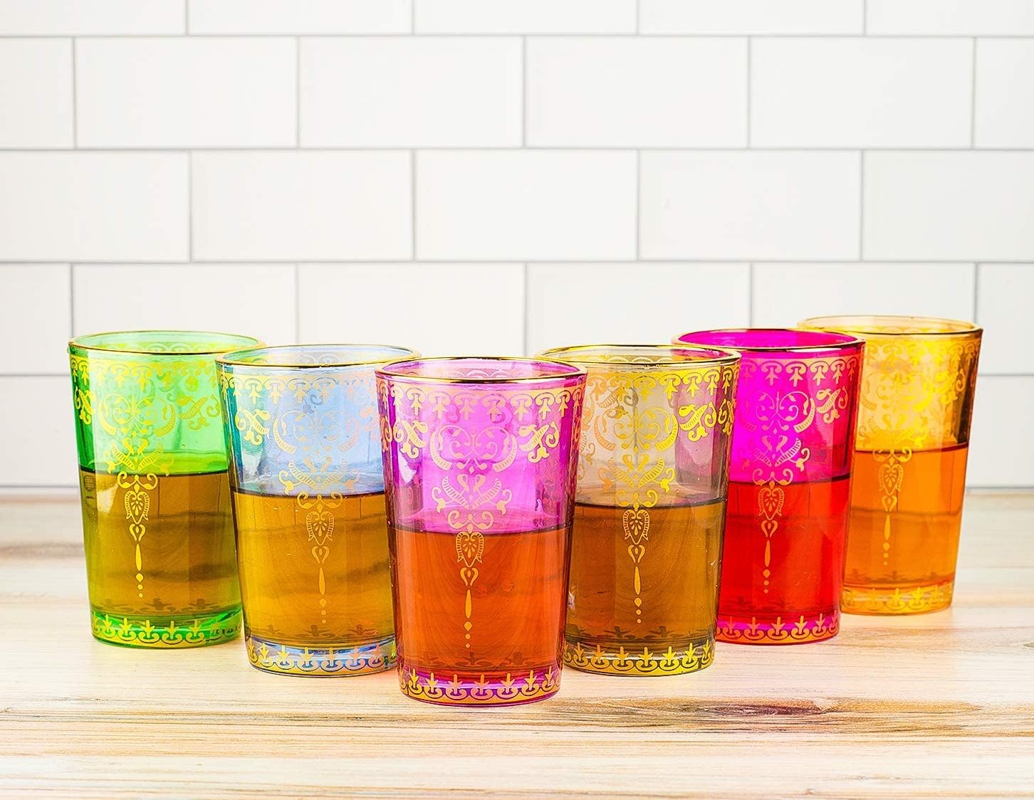 Moroccan Glasses Artisan Hand-Made Multipurpose 170 ml 6 oz Tea, Coffee and Wine Moroccan, Hot & Cold Tumbler - Marrakech & Casablanca Tea Cups Set of 6 Hand Blown Colorful Made in Morocco (6 Colors)