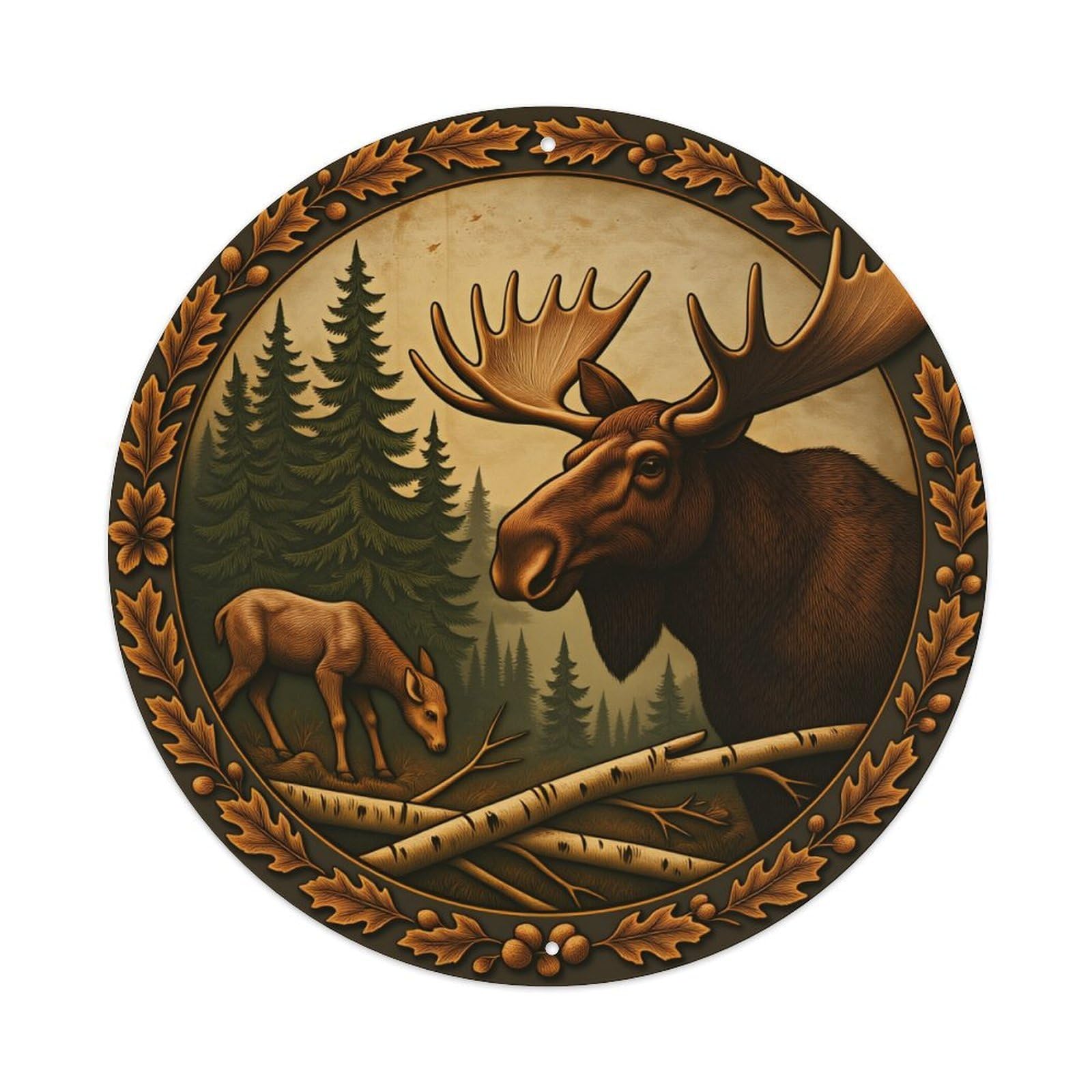 Wmlzdnwr Vintage Moose Forest Scene With Oak Wreath Border Round Tin Sign,Retro Wall Art,Metal Poster For Home, Bar, Garage, Cafe, Rustic Indoor & Outdoor Decor, 8X8 Inches