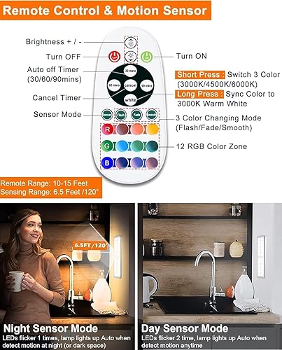 Miniatura 5 de 58 luces LED para debajo del gabinete, luz recargable con sensor de movimiento RGB para interiores con control remoto, paquete de 2 luces