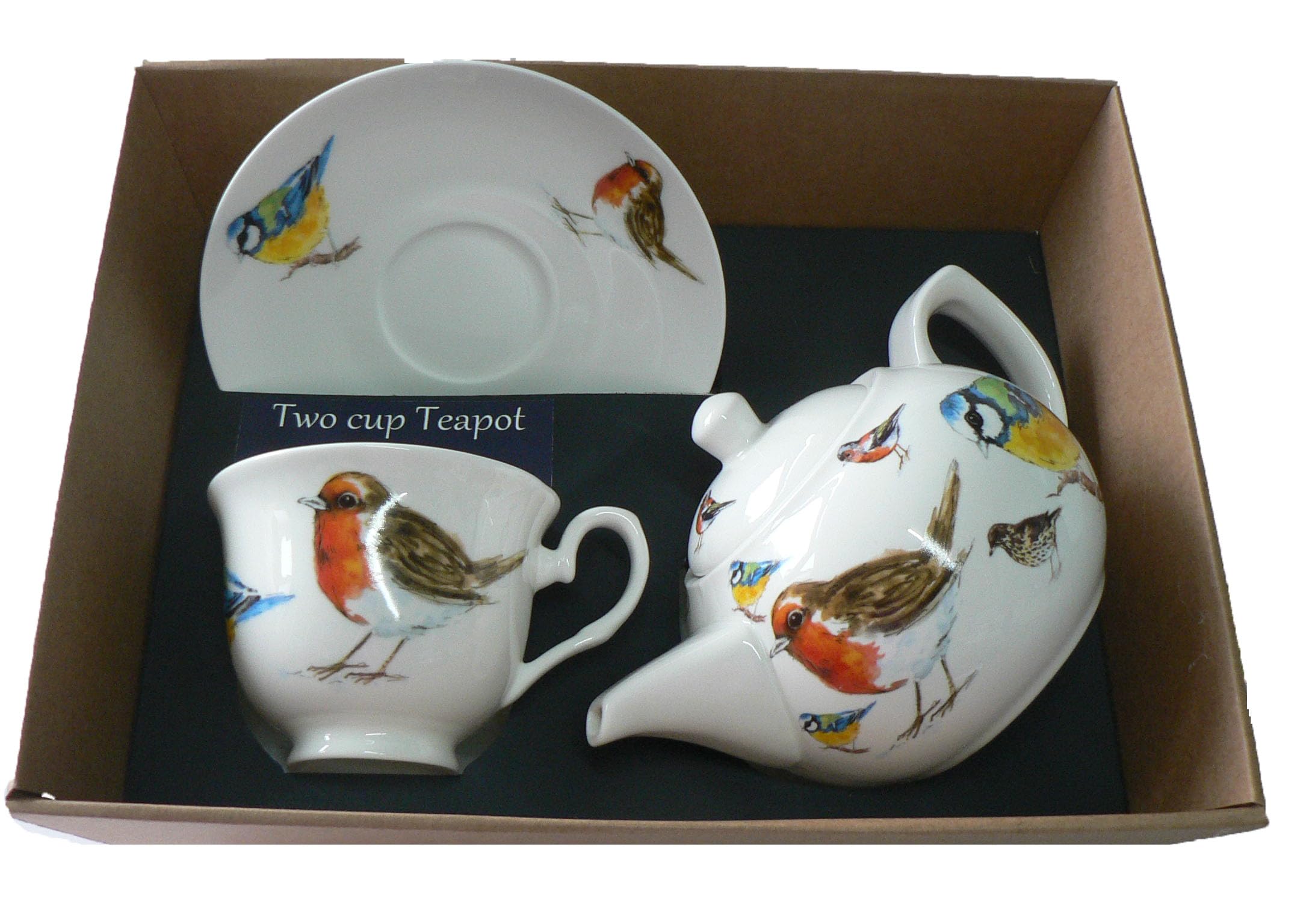 Garden Birds Teapot cup and saucer gift set - Porcelain teapot, with fine china cup & saucer in gift boxed package