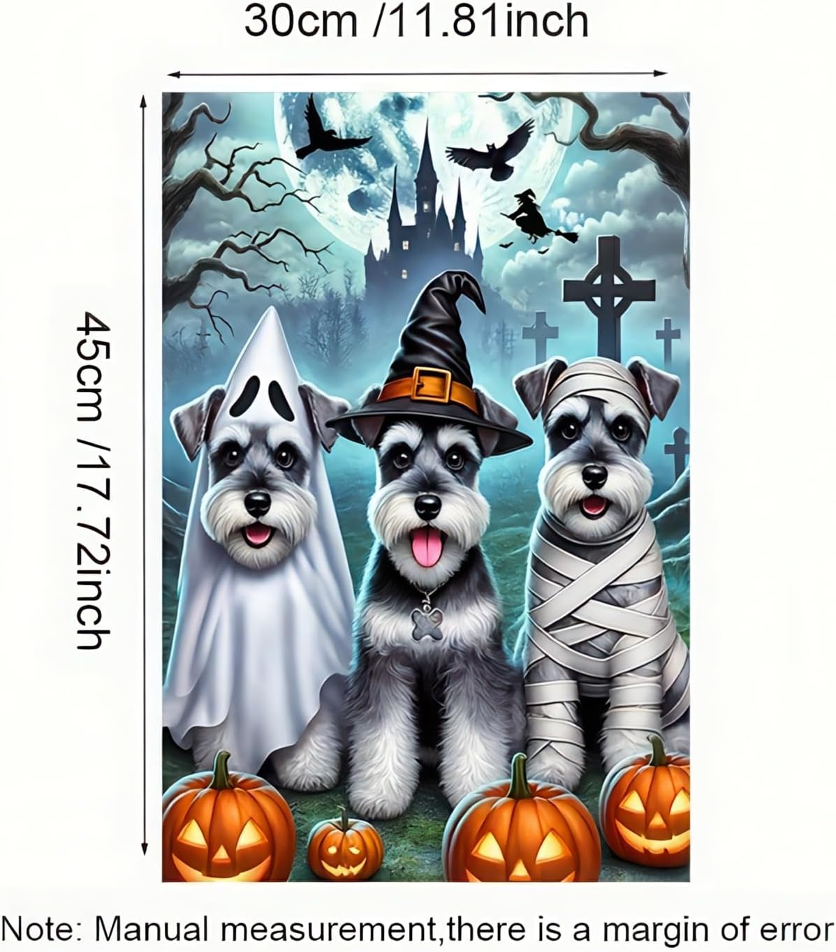 Halloween Garden Flag Double Sided 12x18 Flag Dog Fall Garden Flag Halloween Schnauzer Party Flag With Ghost Dress Up Mummy Dress Up Witch Ghost Black Castle Cross Lawn Outdoor Yard Banner - Image 4