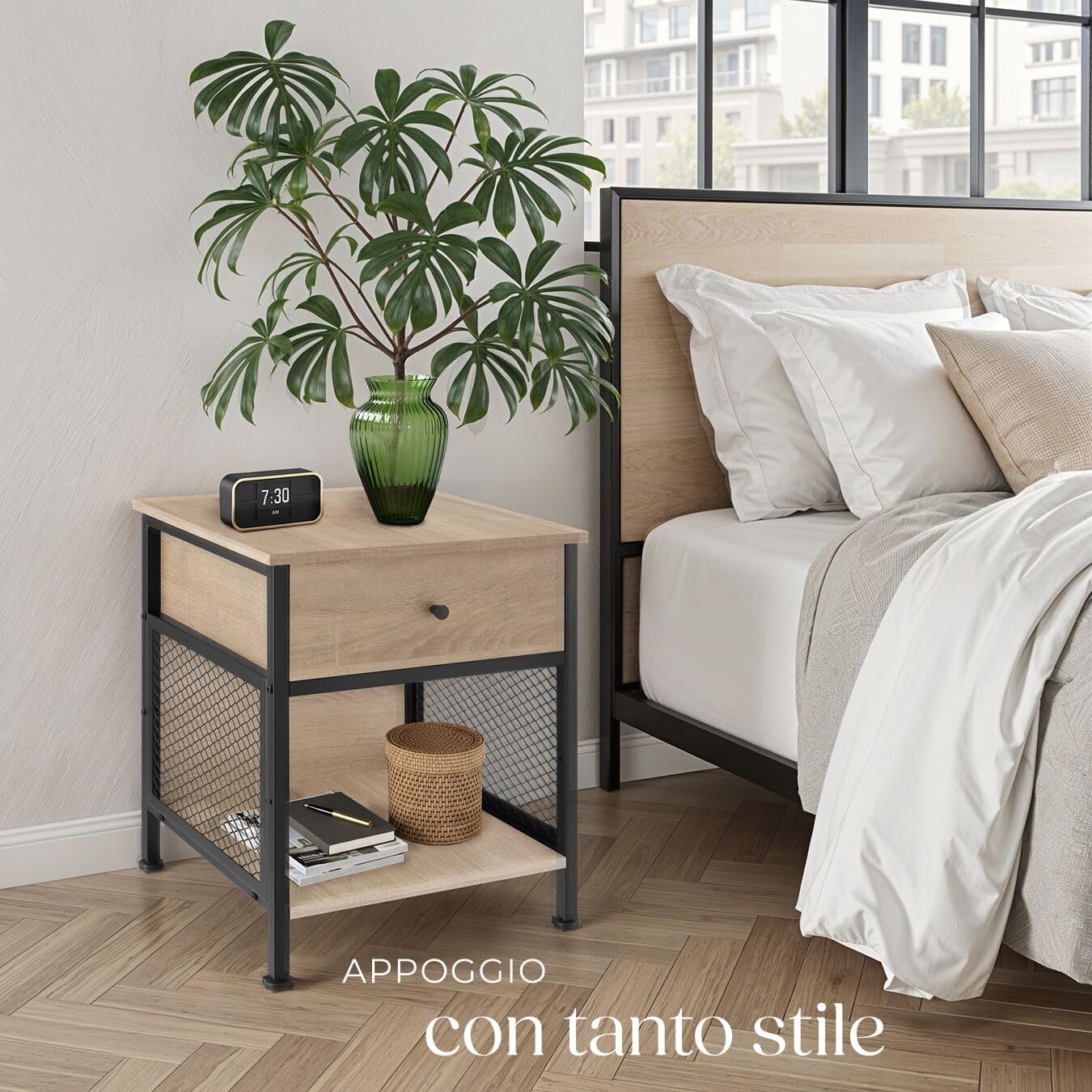 tectake® Comodino Camera da Letto 45x46x55,5cm, 2 Ripiani, 1 Cassetto