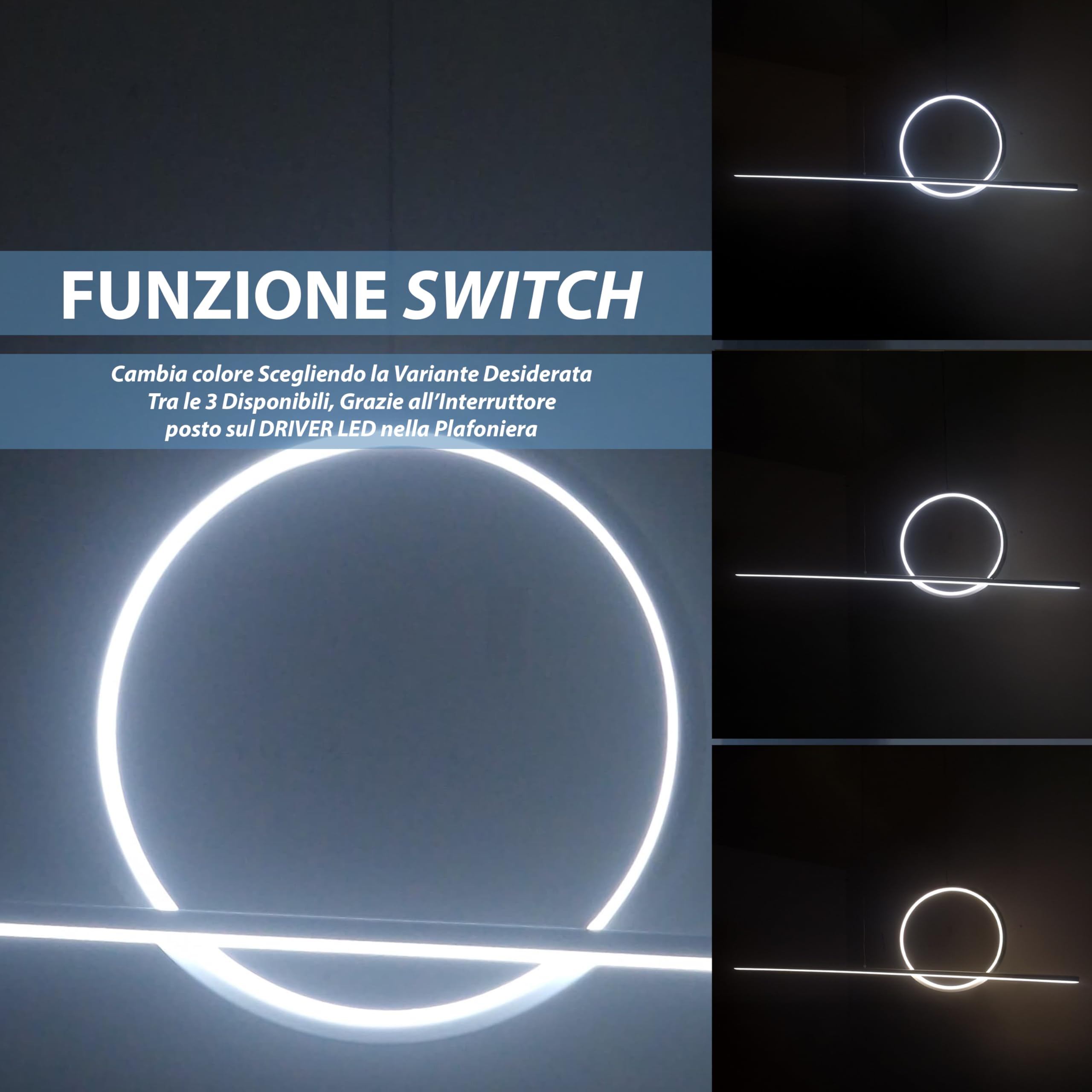 MAKA Lampadario a Sospensione LED Soggiorno, Lampada Cambio Temperatura Luce Calda-Naturale-Fredda, Design Forme Geometriche, 48 Watt 5280 Lumen, 220 Volt, Lampadario Camera da Letto (Cerchio)