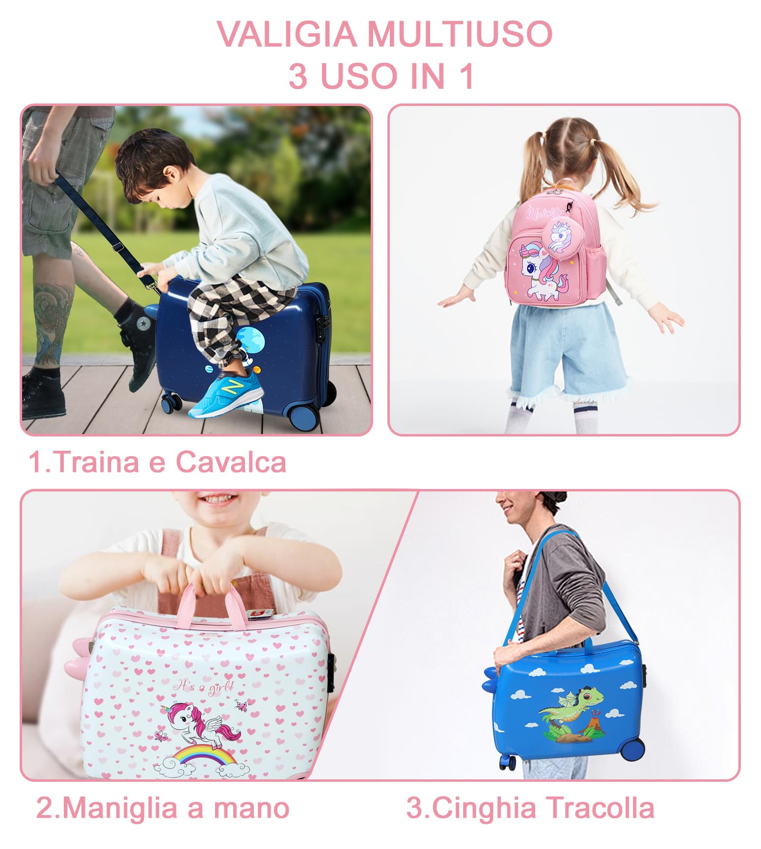 R.Leone Valigia Cavalcabile per Bambina EasyJet 45x36x20 cm + 30x23x14 cm Set 2 Pezzi Trolley Bagaglio a mano 4 Ruote e Zaino 3252 (Unicorno, Valigia 45x36x20cm+Zaino con corno)