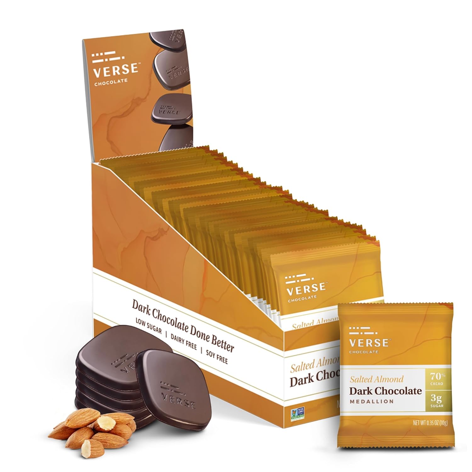 Verse 70% Dark Chocolate with Almonds - Gluten Free, Keto Low Sugar Snack - Creamy Dark Cocoa Squares - Only 3g Cane Sugar - Vegan Dark Chocolate Squares - Individually Wrapped Chocolates (30 Count)