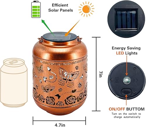 Miniatura 10 de Paquete de 2 faroles colgantes solares de mariposa para exteriores, impermeables, luces solares LED, faroles decorativos de metal para jardín,