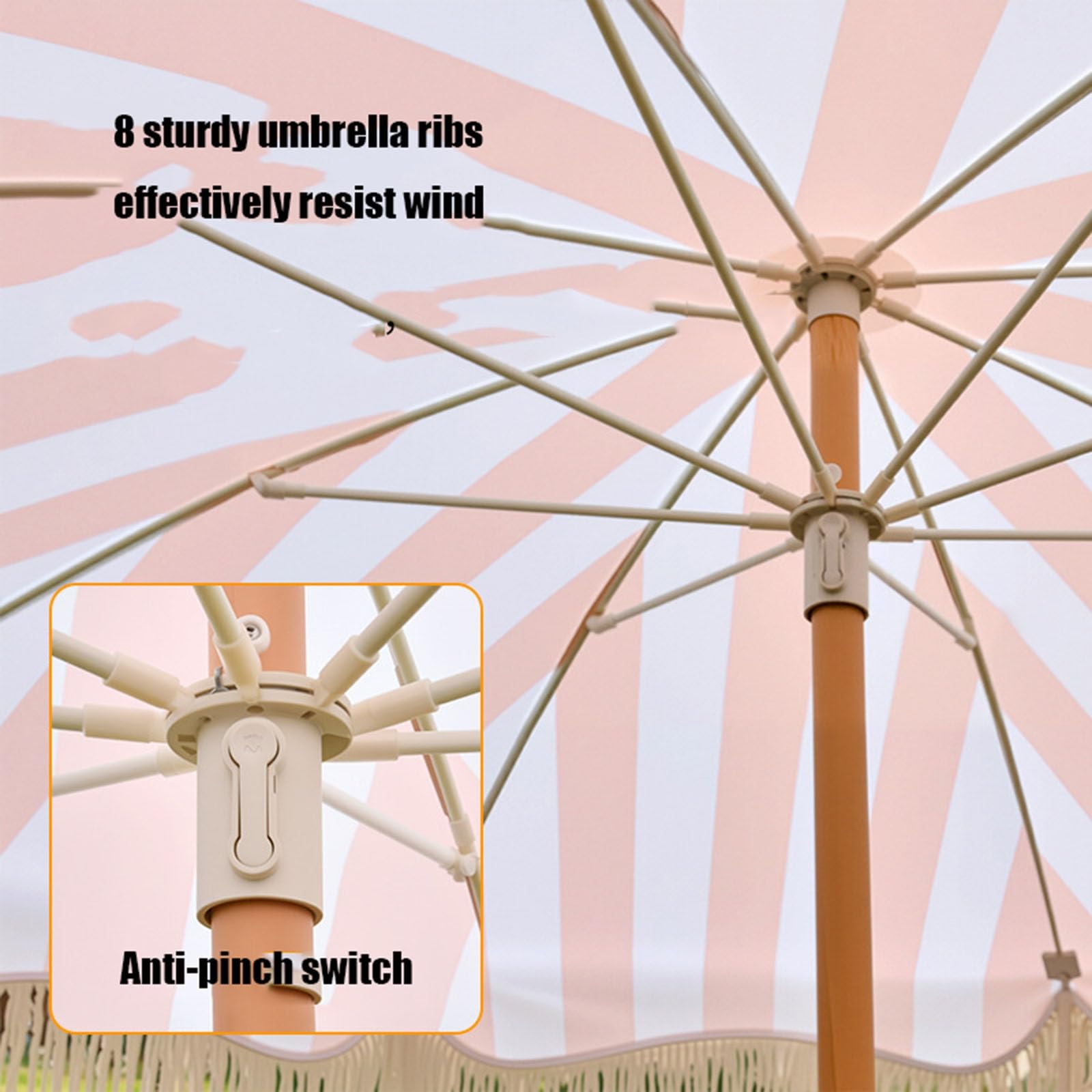 Metalowy Parasol Środkowy W Różowo-białe Paski Z Powiewającymi Frędzlami I Możliwością Regulacji Nachylenia Pod Wieloma Kątami, Odpowiedni Do Basenów, Ogrodów I Tarasów.