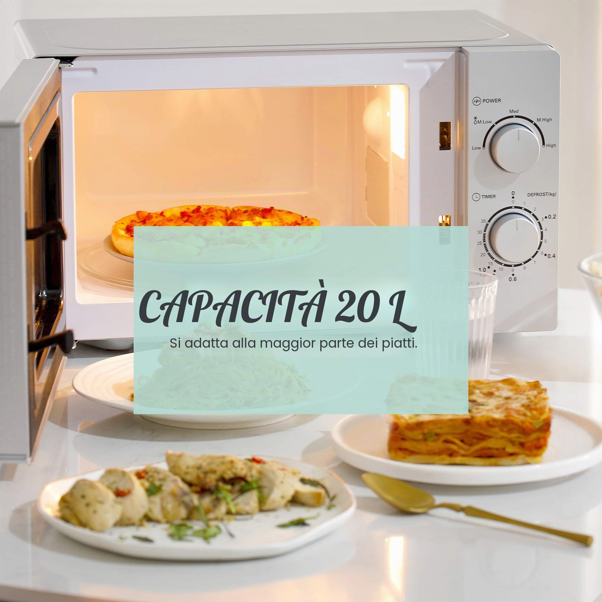Comfee CMSN 20 si Mikrowelle/Solo-Mikrowelle mit 5 Leistungsstufen/Innenbeleuchtung/easy Defrost/360°Drehteller/Zwei Drehregler/20L/700W/ Silber