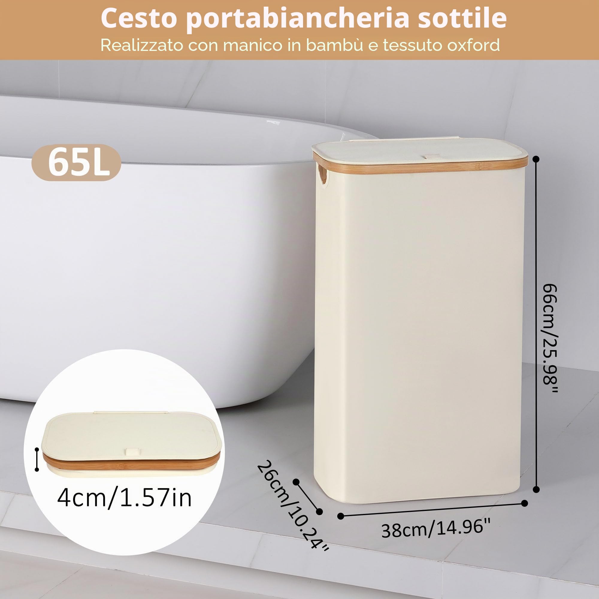 iEGrow Cesto portabiancheria alto da 60 l, con sacchetto interno rimovibile e lavabile, cesto sottile con coperchio e manico in bambù, per lavanderia, camera da letto, bagno (beige)
