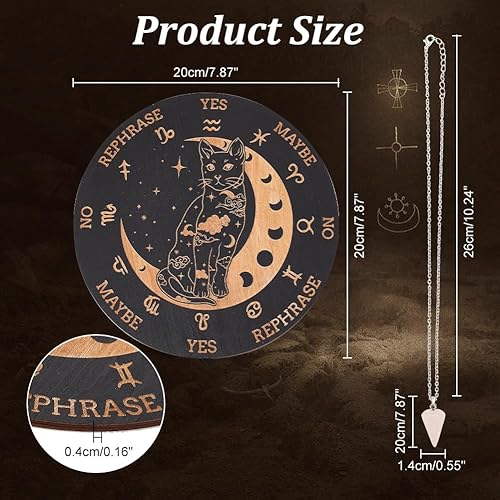 Vista 37 de INFUNLY Tablero de péndulo de madera Yin Yang con doce constelaciones, bruja, radiestesia, adivinación, tablero de planchette de 7.9 pulgadas