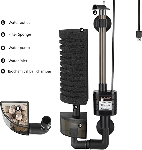 Miniatura 2 de Carefree Fish Filtro USB para acuario, esponja para pecera, filtro silencioso de burbujas con 2 esponjas y 1 bolsa de bolas de cerámica filtradas